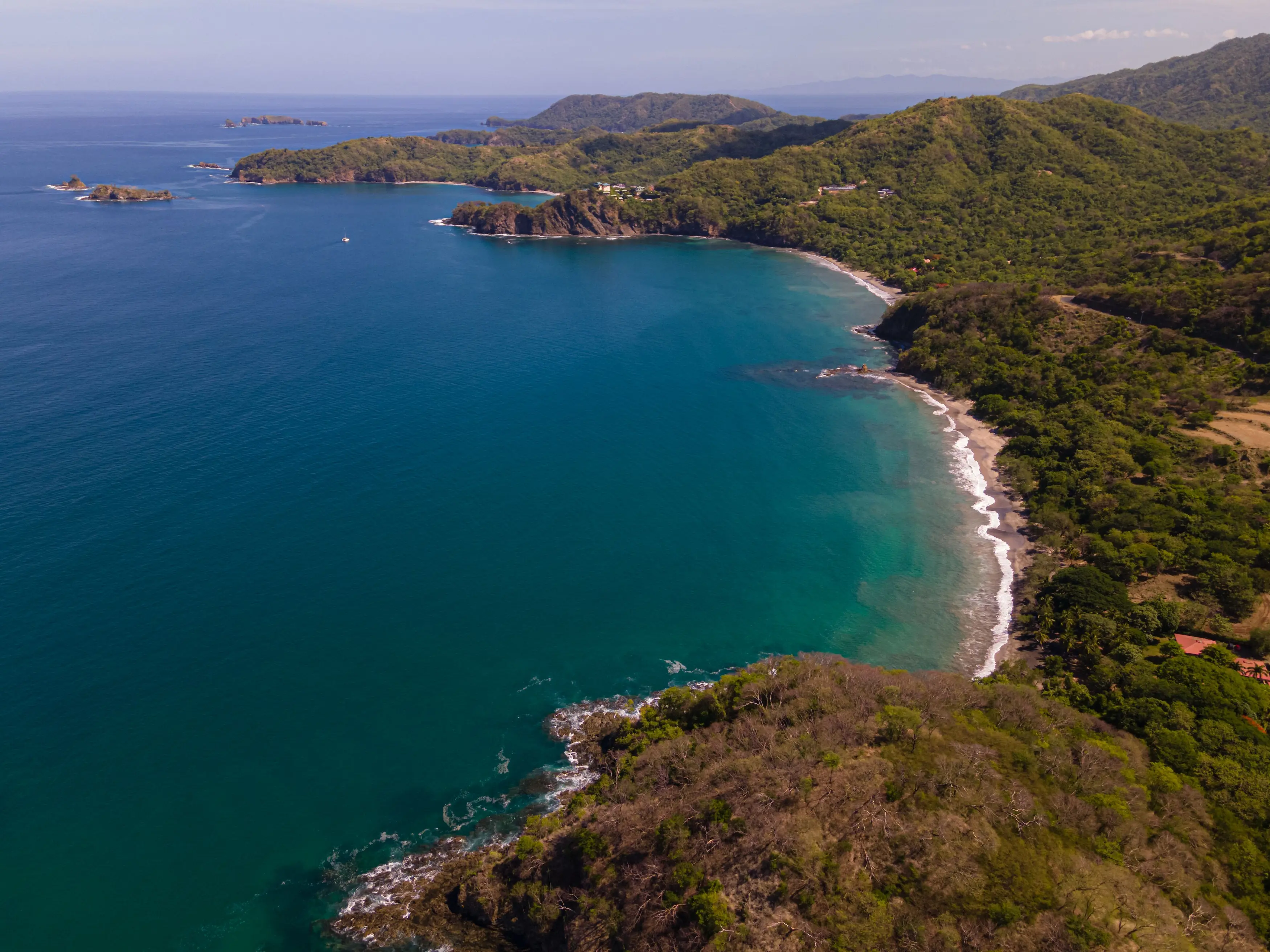 Aerial view of the Guanacaste coastline and its beach coves, Costa Rica